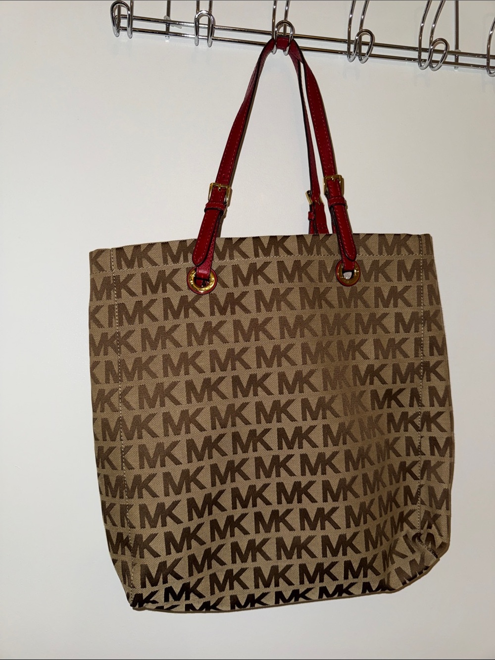 MICHAEL Michael Kors Brown MK Logo Tote with Red Handles